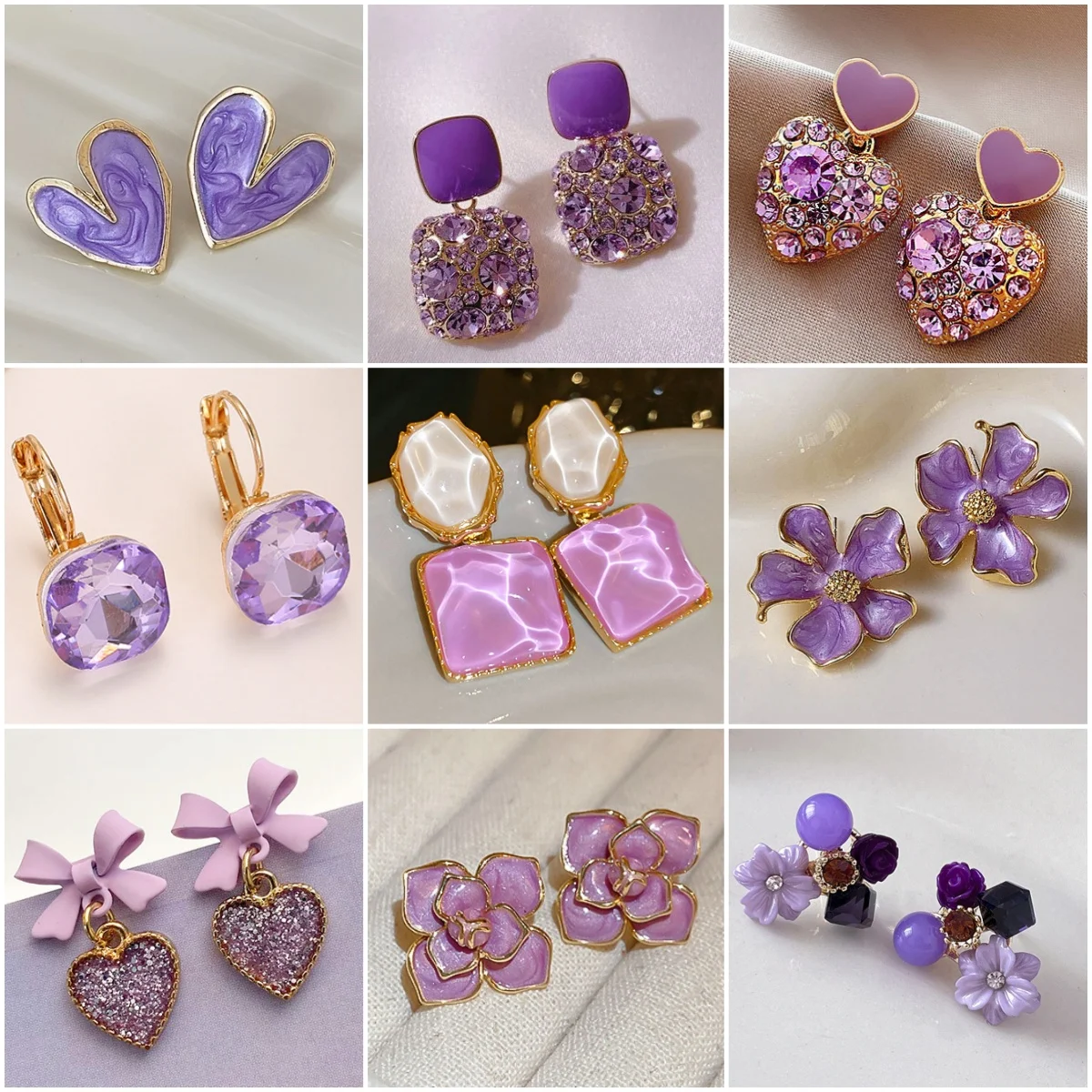 

Purple Square Heart Drop Earrings for Women Rhinestones Acrylic Enamel Bow Flower Dangle Earrings Oval Round Geometry Jewelry