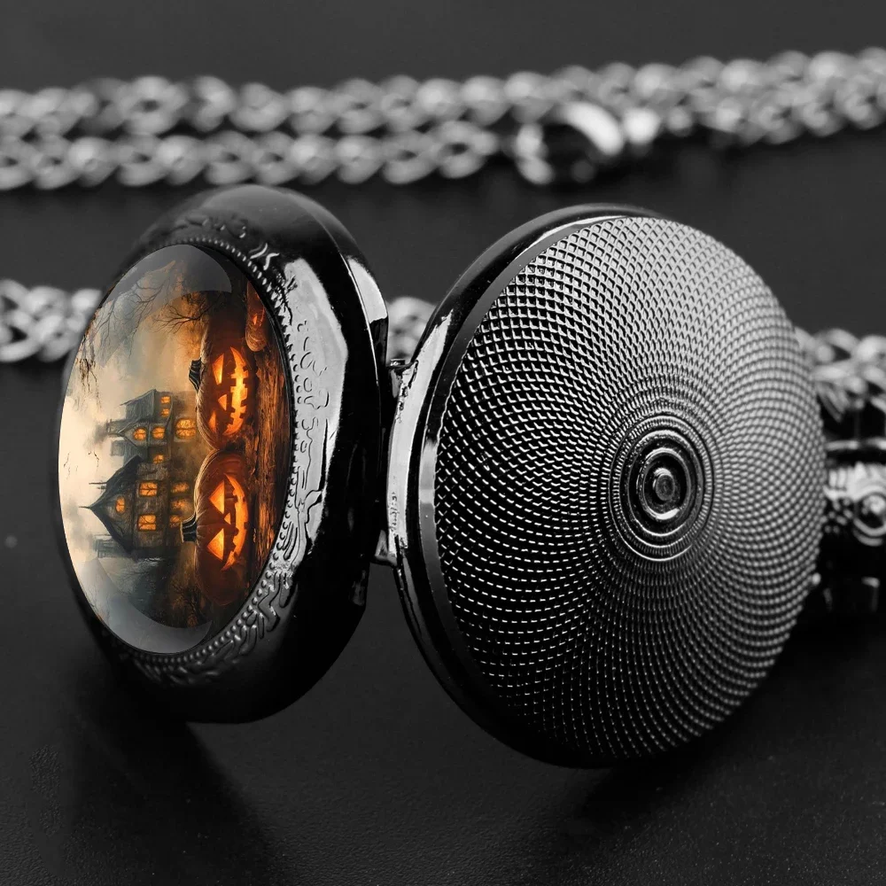 Halloween Design Glass Dome Pocket Watch Quartz Accuracy Durable Chain Sharp Arabic Numerals Festive Creative Gift For Kids