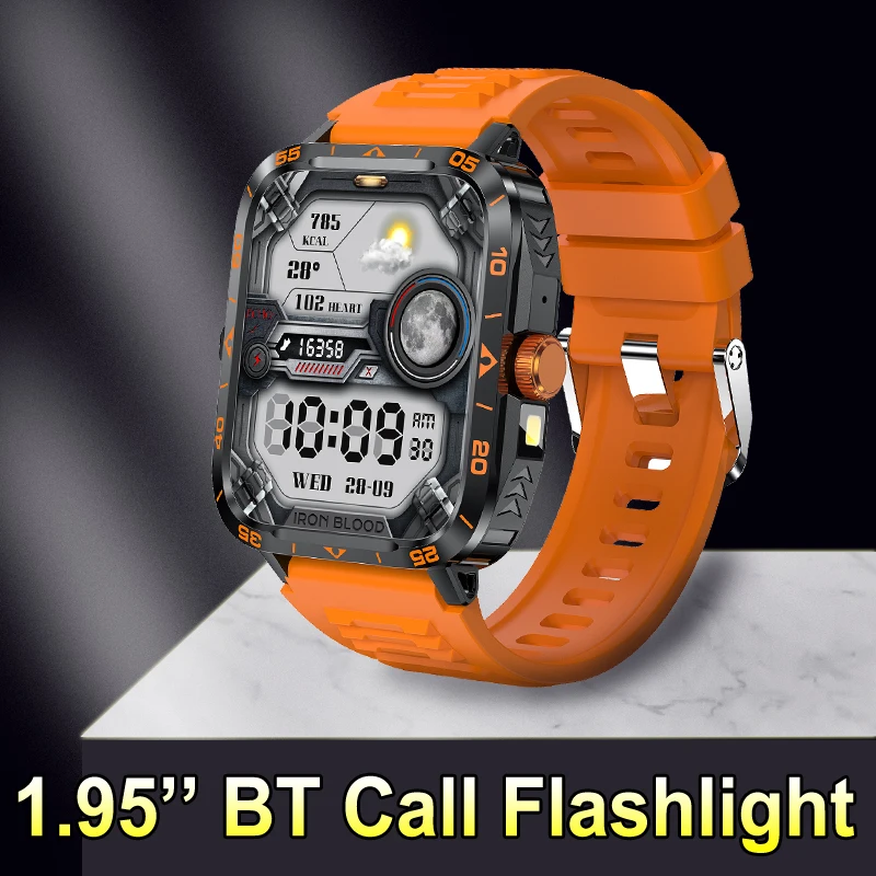 Sports Smartwatch with LED Flashlight Men Women Outdoor Wristwatch 1.95'' Full Touch Color Display Wrist Clock Call Smart Watch