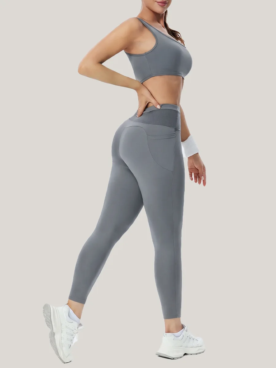Women's 2-Piece Fitness Yoga Set Tight Mesh Crop Top High Waist Solid Color Shark Leggings Workout Outfit Outdoor Camping Gea