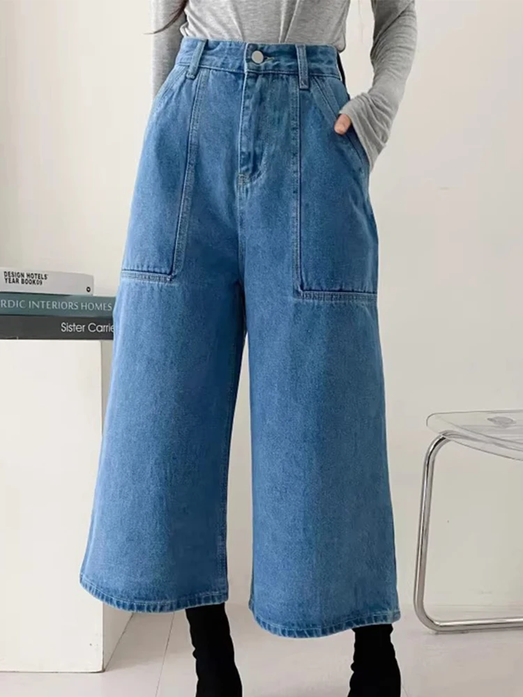 Fashion Versatile Denim Pant Large Pocket A-line High Waist Loose Cropped Wide Leg Jeans Women 2024 Spring Summer