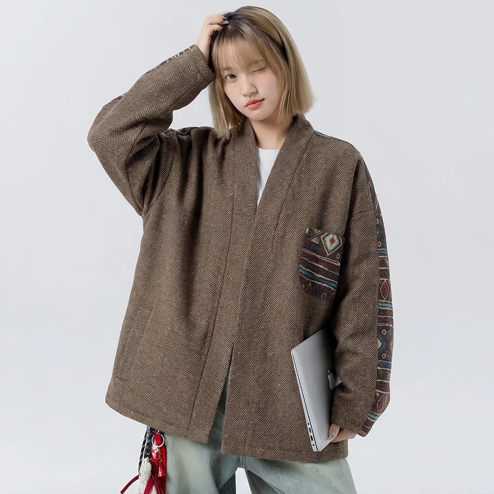 

Japanese Vintage Coffee Women's and Men's Cotton-padded Jacket Harajuku Fashion Collarless Plus Size Unisex Winter Outdoor Dobok