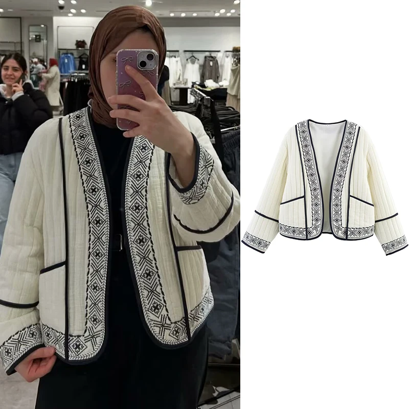 

Coat Jackets Autumn Women's 2025 New Chic Embroidered Flowers Elegant Women's Warm Jackets Street Fashion Youth Autumn Coat