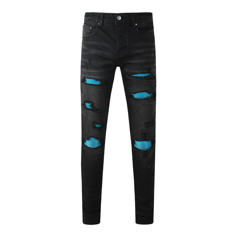 

High Street Designer Fashion New Jeans Blue Leather Patch Washed Nostalgic Stretch Slimming Retro Black Jeans High Street Trendy