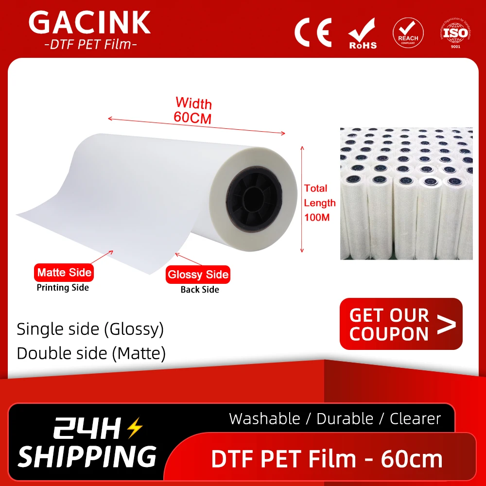 60cm*100m DTF Film Roll Direct Transfer Printing Paper for T-shirt Heat Transfer DTF Printer PET Film XP600 L800 L1800 TX800