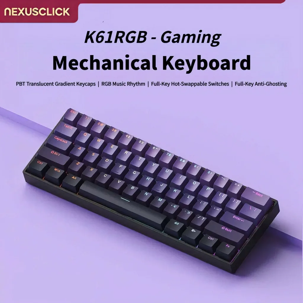 NexusClick 61 Keys Brown Switch Gaming Keyboard,Hot Swappable RGB Mechanical Wired Keyboard PBT Keycaps Mini 60% Layout Esports