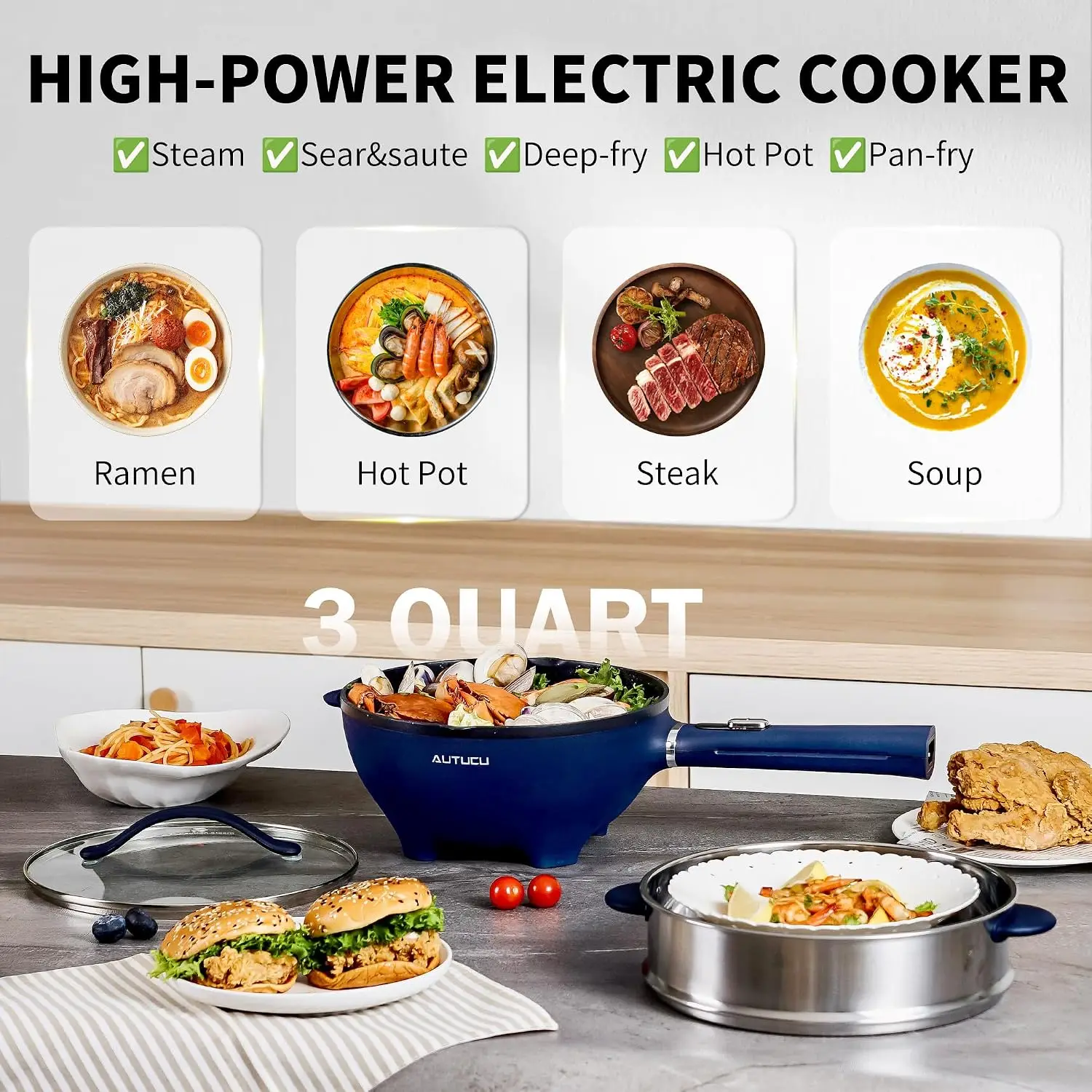 3-Quart Electric Hot Pot & wok Nonstick with Steamer | Electric Skillet 1200W for Dorm, Home, Gifts (Includes Silicone