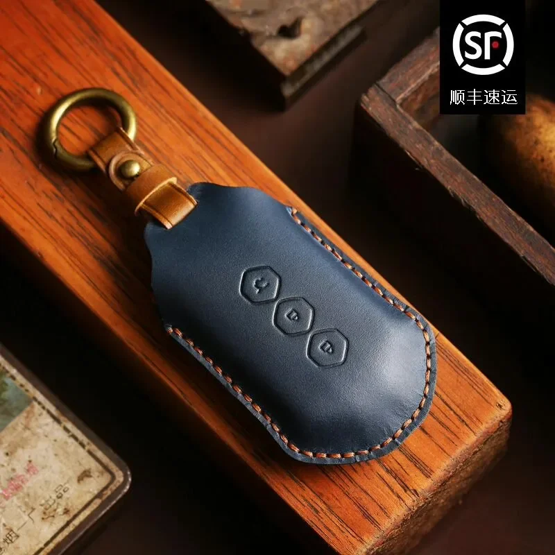 for Wuling Capgemini Key Case Genuine Leather 2023 Car Key Cover for 2 Button Remote Control Fob Shell Protective Buckle Case