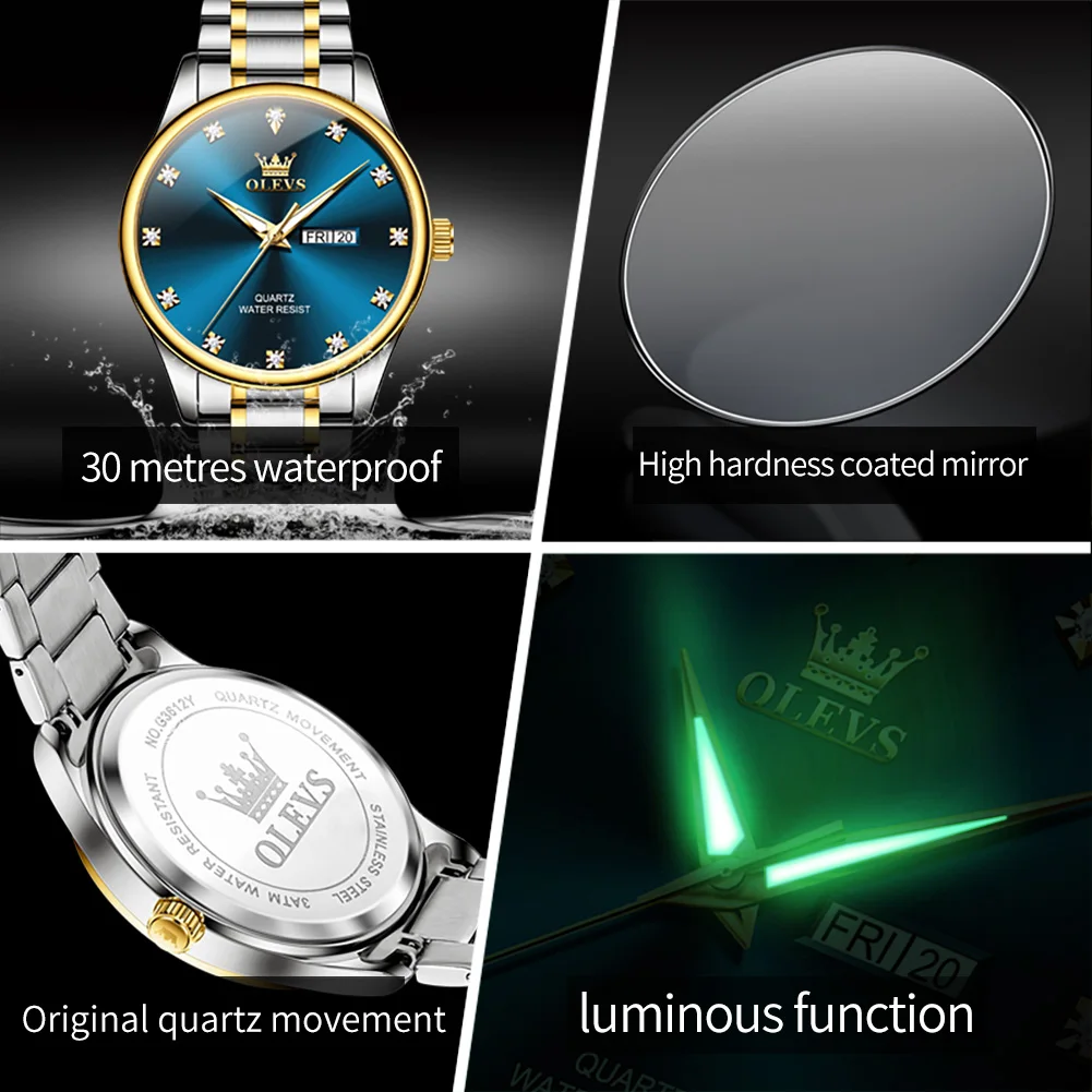 Relojes OLEVS para hombre, reloj de pulsera clásico de cuarzo de lujo para hombre, fecha, semana, correas de reloj de acero inoxidable resistentes al agua 3612