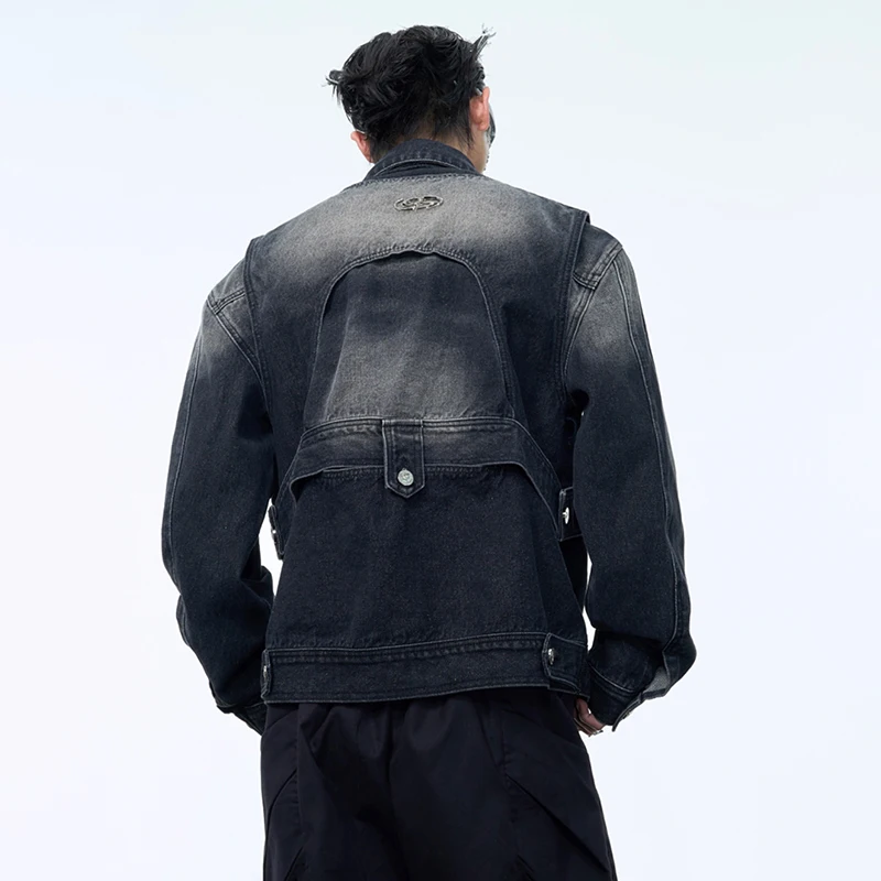 LUZHEN Versleten denim jack gewassen patchwork split gepersonaliseerde korte straat luxe trendy 2025, nieuwe mannelijke jassen lente JY4696