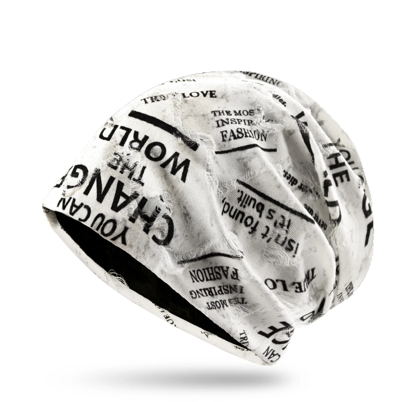 Vintage Distressed Letter Print Slouchy Beanie Women Elastic Baggy Skull Cap Spring Autumn Double Layer Fashion Head Wrap Bonnet