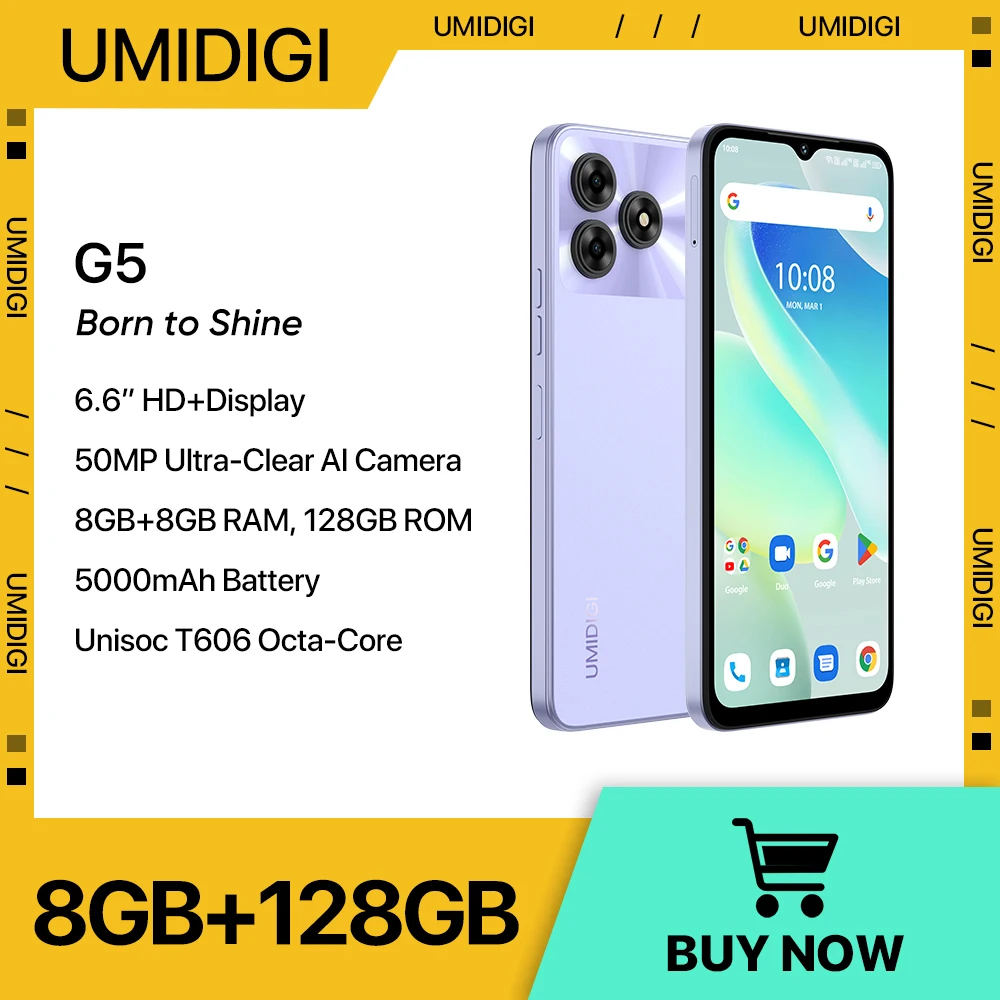 UMIDIGI G5 ien Vita, Android 13, 8 GB ОЗU 128 Gб ПЗU TF 1 TB Expand, ien 50 МП, аккуге 5000 мАч, oma SIM-ха 90Hz