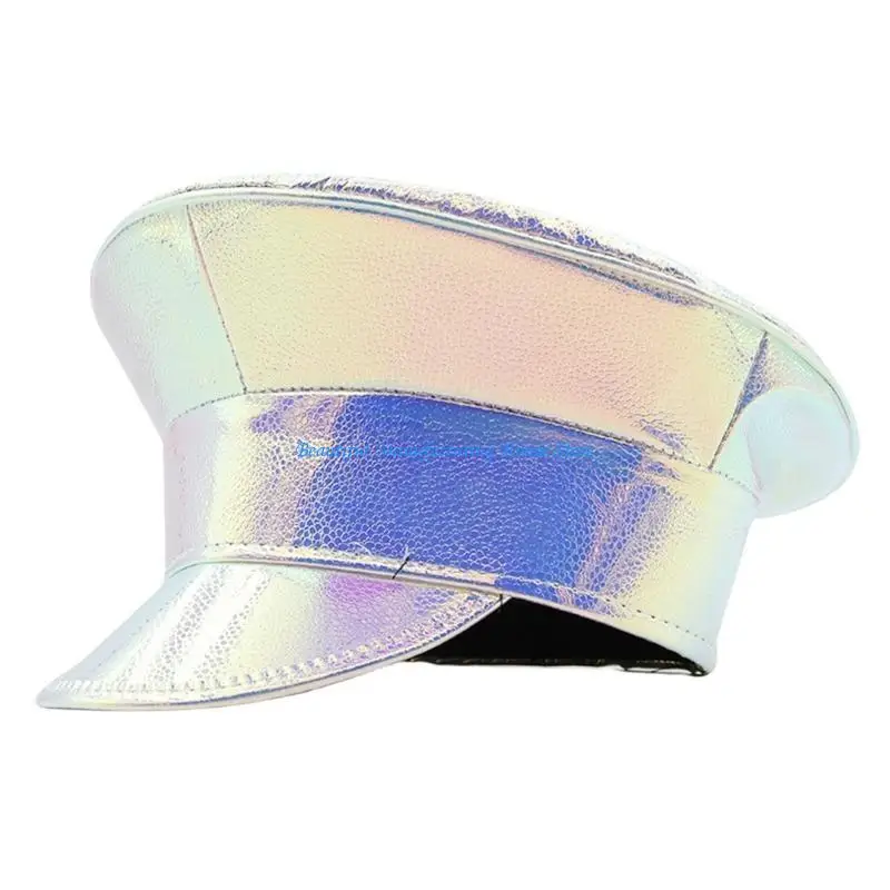 E56A Shimmering PU Leather Marine Hat Dance Props Flat Top Hat for Night Event