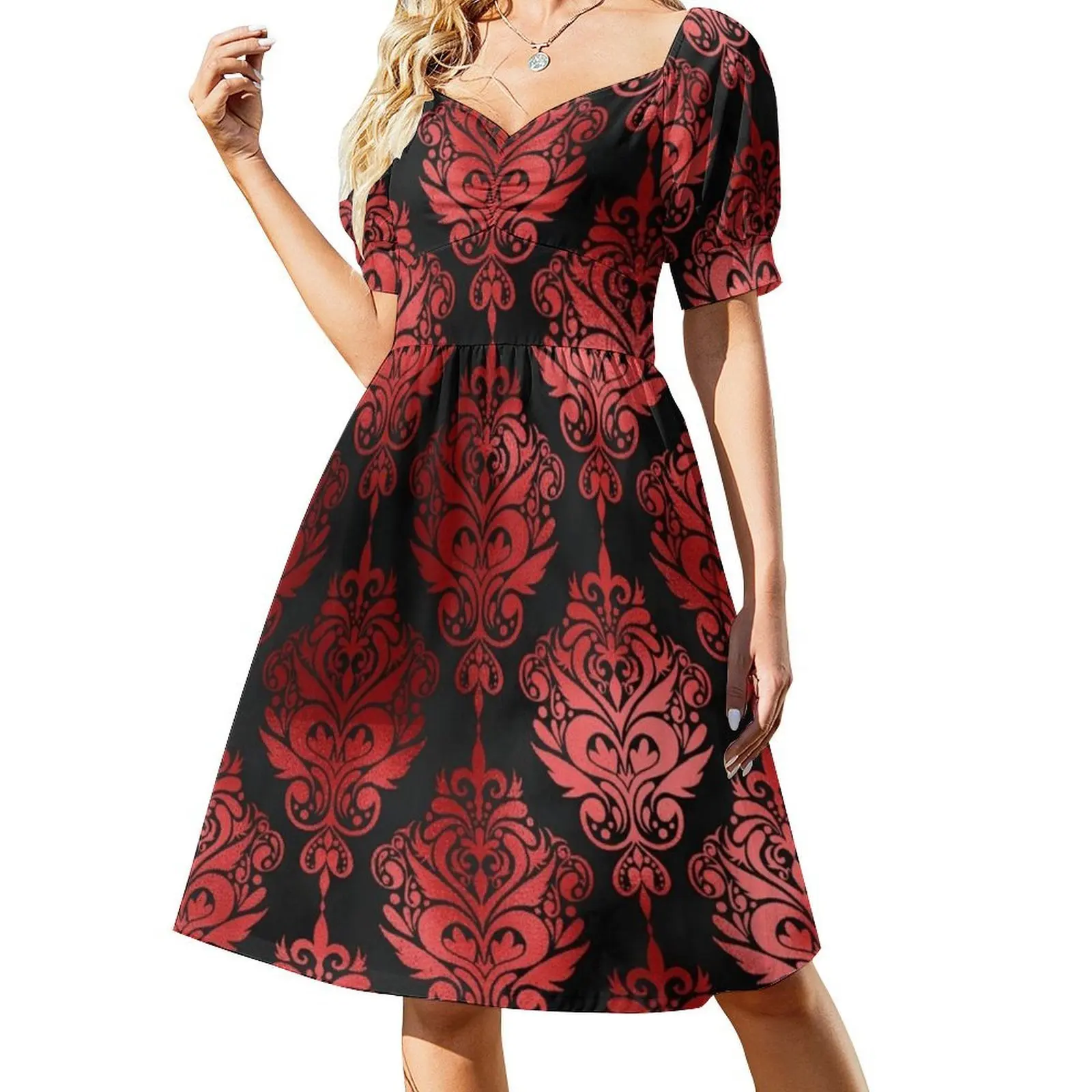 فستان بوهو أنيق بنمط أحمر وأسود أنيق لحفلات الزفاف على الشاطئ فستان أحمر لامع باندانا ماندالا مجردة