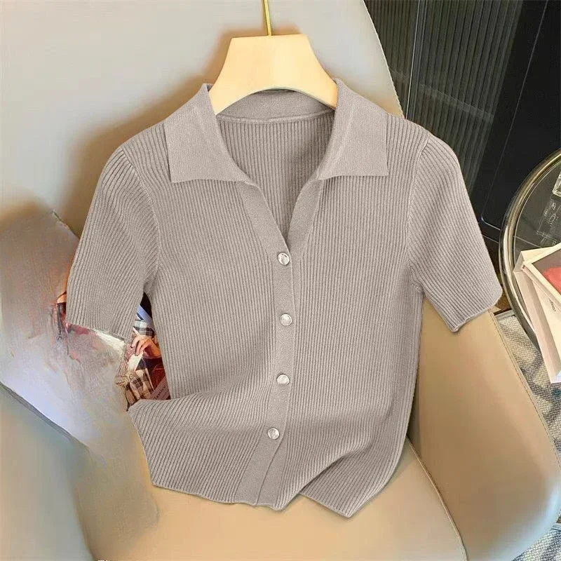 Chic malha polo-pescoço camisa feminina 2025 coreano verão fino cardigan manga curta camiseta casual único breasted malhas topos