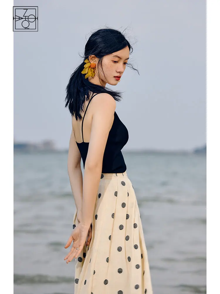 

ZIQIAO 100% Linen Polka Dot Beach Style A-line Pleated Skirt for Women High Waist Vintage Mid-length Skirt Female Summer New