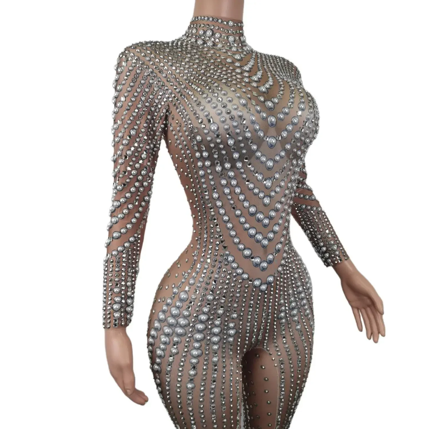 Sexy Long Sleeve Celebrate Party Birthday Bodysuits Singer Dancer Rompers Stage Wear Party Rhinestones Pears Jumpsuit for Women