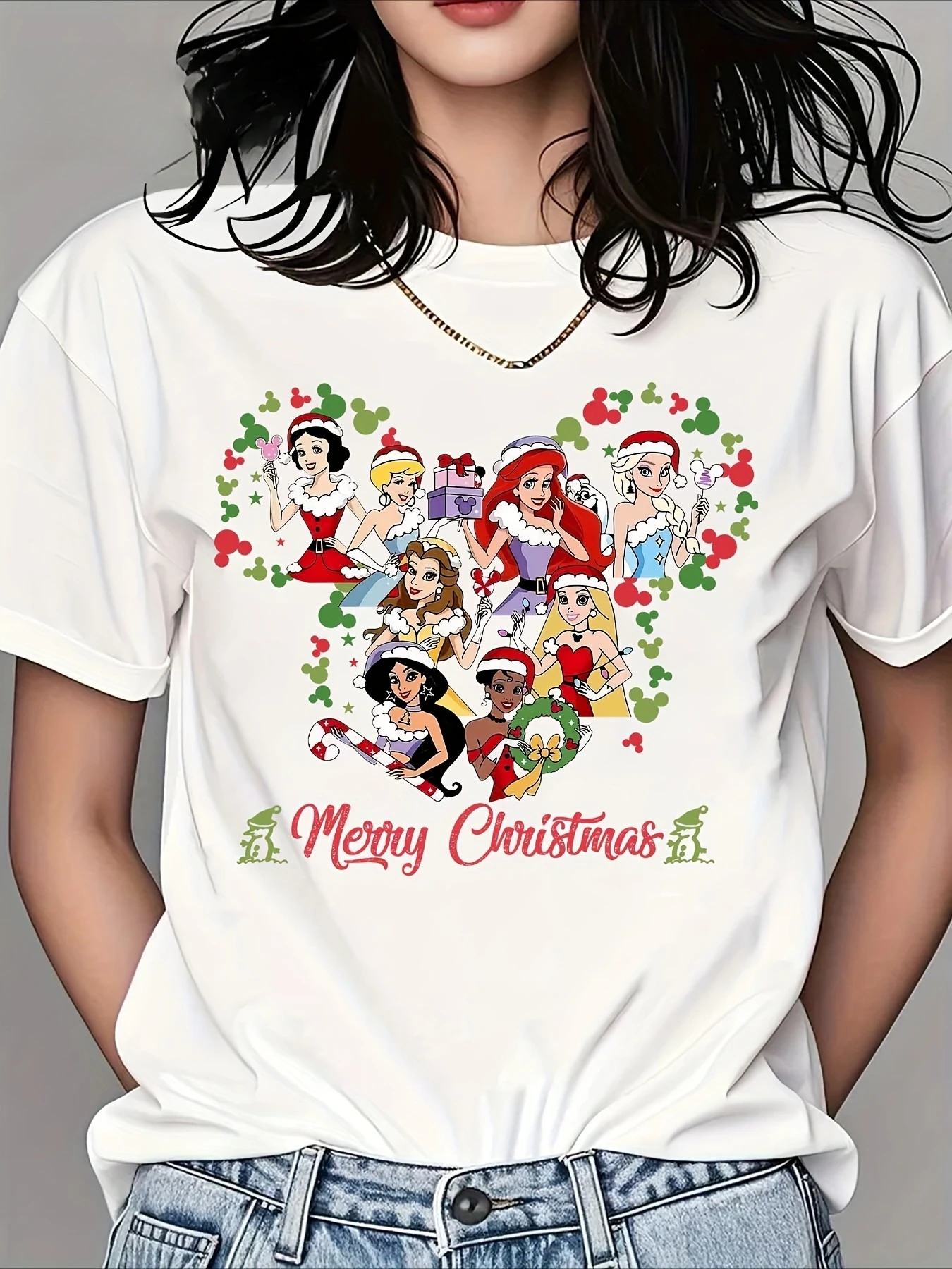 

Disney Women's Princess Christmas Happy Pattern T-shirt - Bright Red Heart Design Short Sleeve Round Neck Christmas Shirt