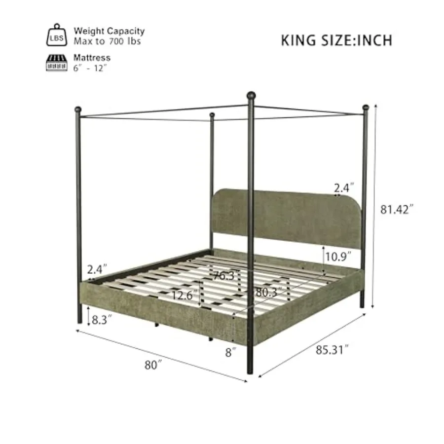 King Size Upholstered Canopy Bed Frame with Boucle Fabric, Curved Headboard and Iron Legs, Modern Platform Bed Frame with Slats view 2