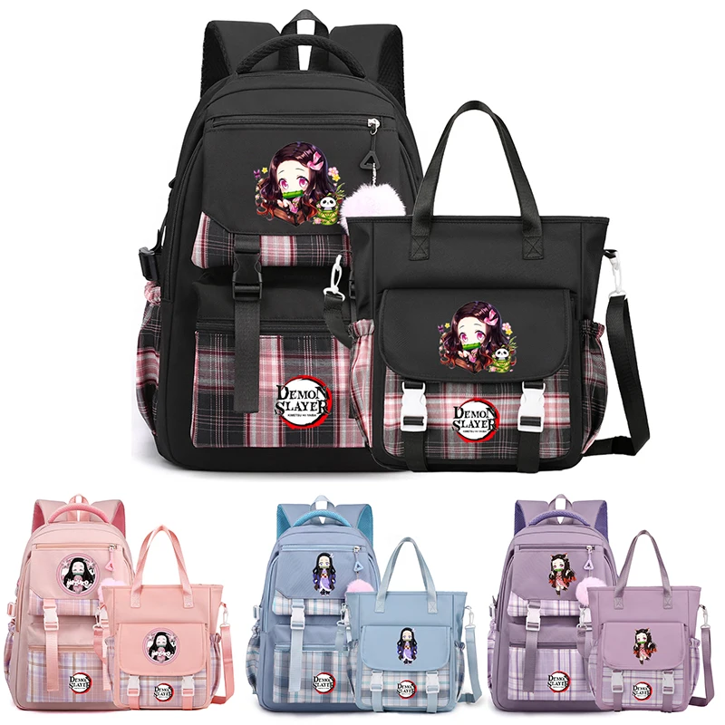 2Pcs/set Anime Demon Slayer Messenger Bag Crossbody Bag Handbag for Teenager Girl Boy Back To School Bag Men Women Shoulder Bag