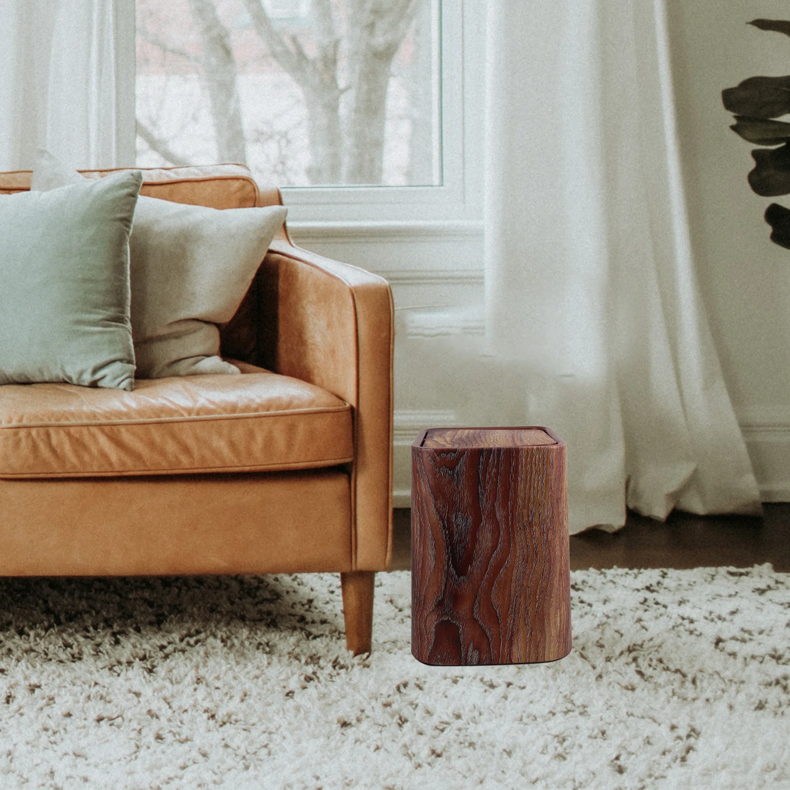 

Retro Wood Grain Finish Trash Can Swing Top Design Stylish Wastebasket for Home Office Bedroom Bathroom Kitchen Space-Saving