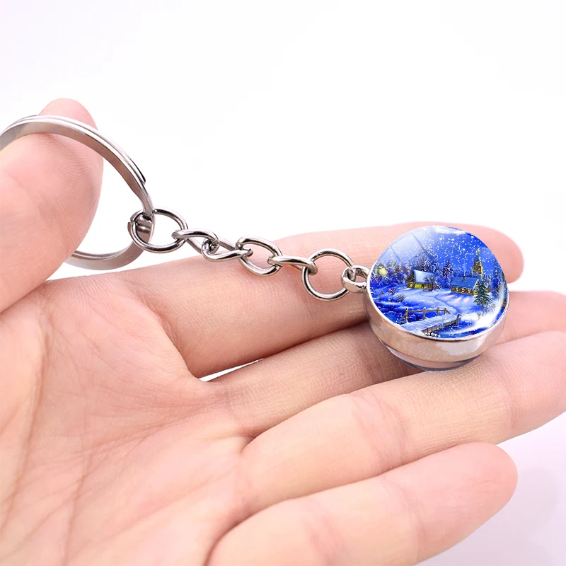 Snow House Keychain Double Sides Christmas Tree Glass Ball Key Chain Car Keyring Christmas Gift