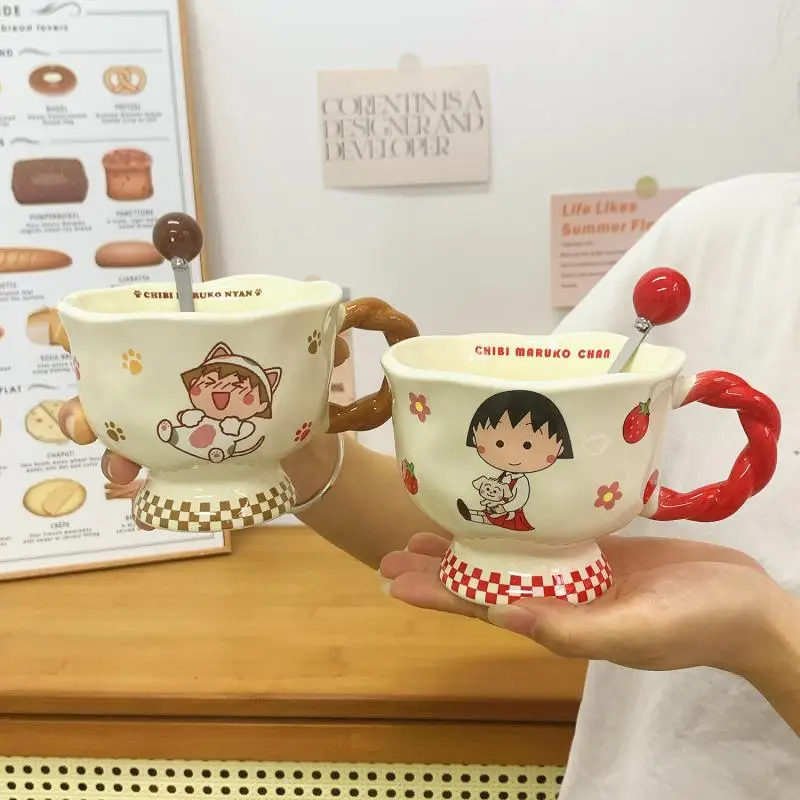 Chibi Maruko-Chan Cartoon Mug Good-Looking Ceramic Cup Household Drinking Cup Coffee Cup Souvenir Spoon Holiday Gift for Girls