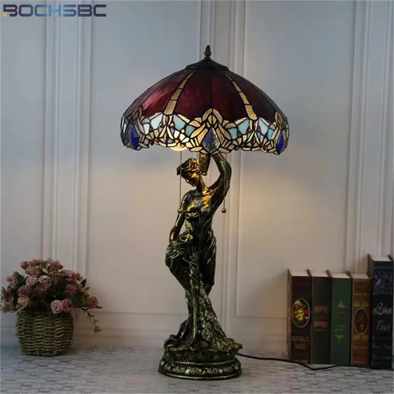 

BOCHSBC Tiffany Style Desk Light Beauty Peacock Grape Baroque Blue Cow Stained Glass Table Lamp Frame Home Art Decorative LED