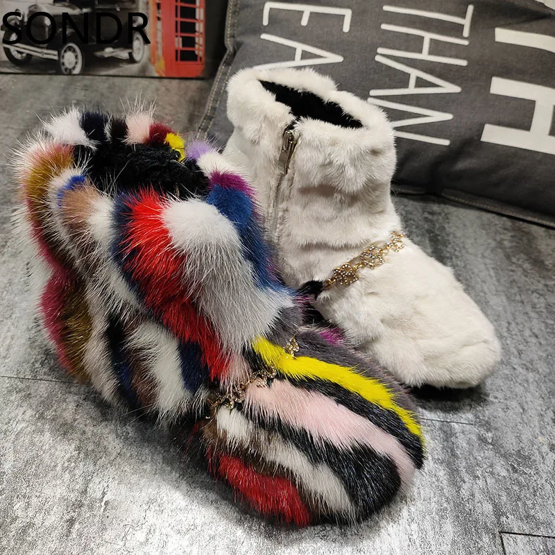 

Womens Real Mink Fur Ankle Boots 5G Rhinestones Crystal Chain Shoes Warm Winter Snow Thick 8Colors