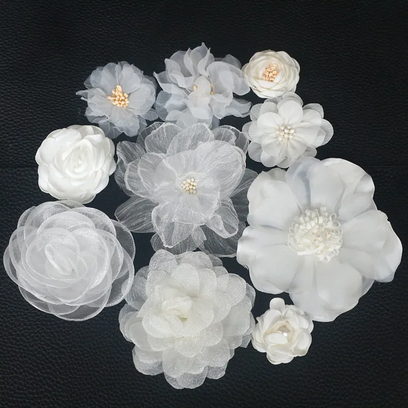10PCS Off White Series Mix Styles Set Chiffon Fabric Flowers For Wedding Invitation Artificial Flowers For Dress Hat Decoration