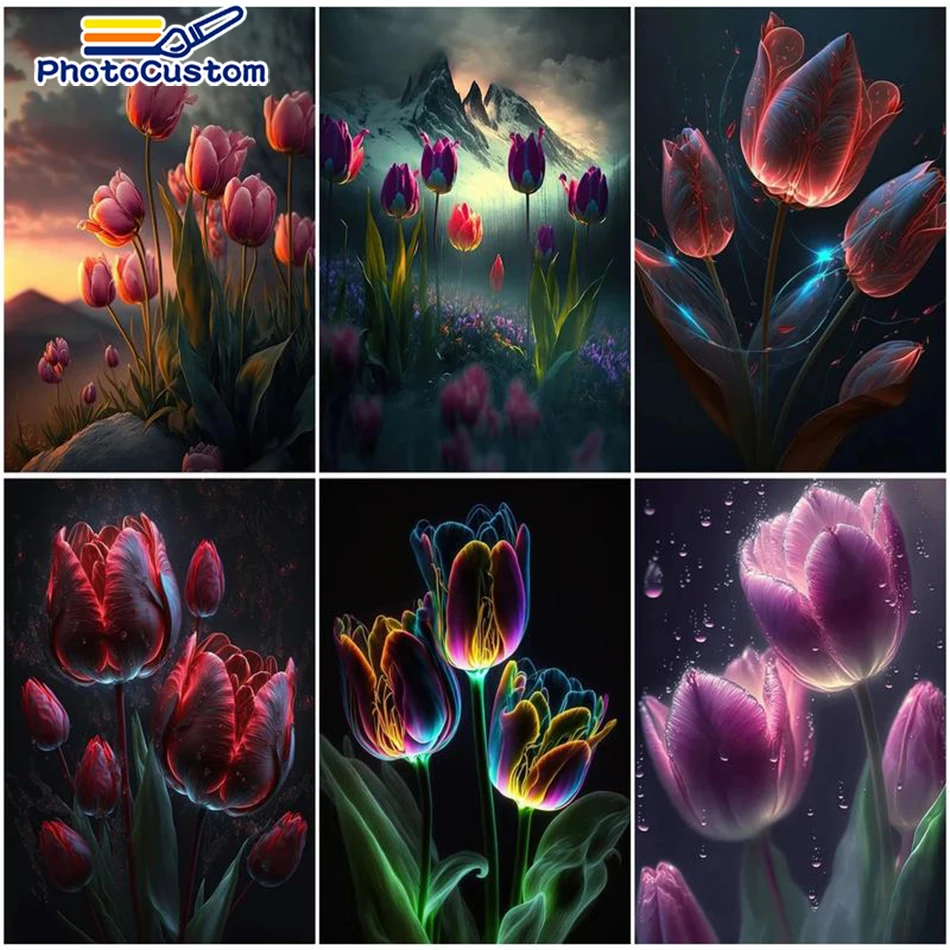 PhotoCustom 60x75cm Paint By Number Tulip Acrylic Paint For Adult Handmade DIY Crafts Picture Of Coloring By Number Home Decor A