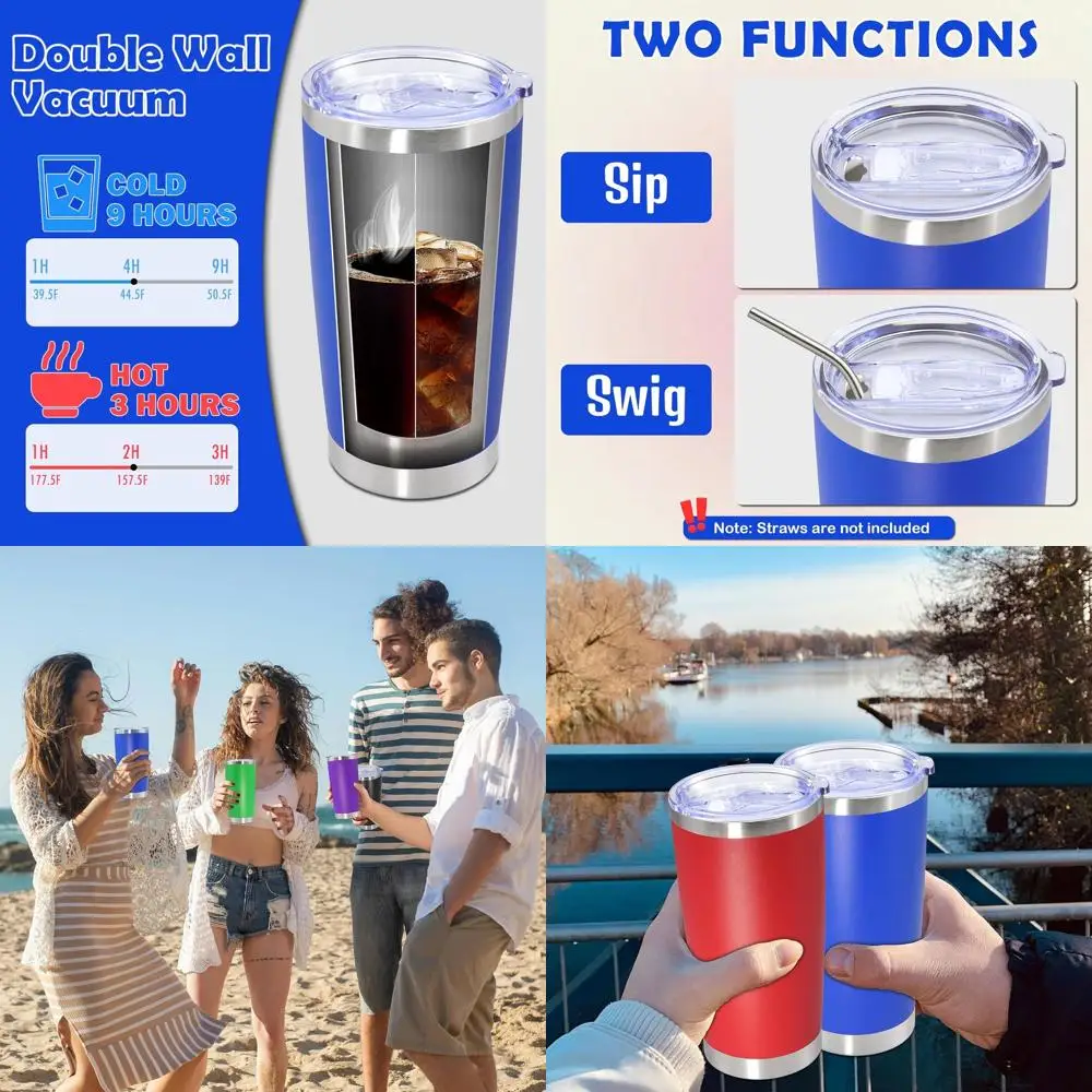 

12 Pack Vacuum Insulated Stainless Steel Tumbler Cups with Lids, Powder Coated, Blue, for Travel and Drinks