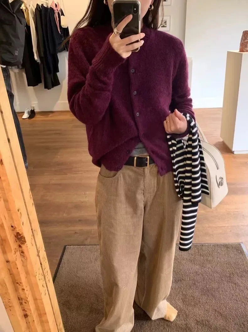 

Мягкий уютный однотонный круглый вязаный открытый кардиган, женский свободный дизайн на пуговицах, свитер Lazy Sle Dongda Gate