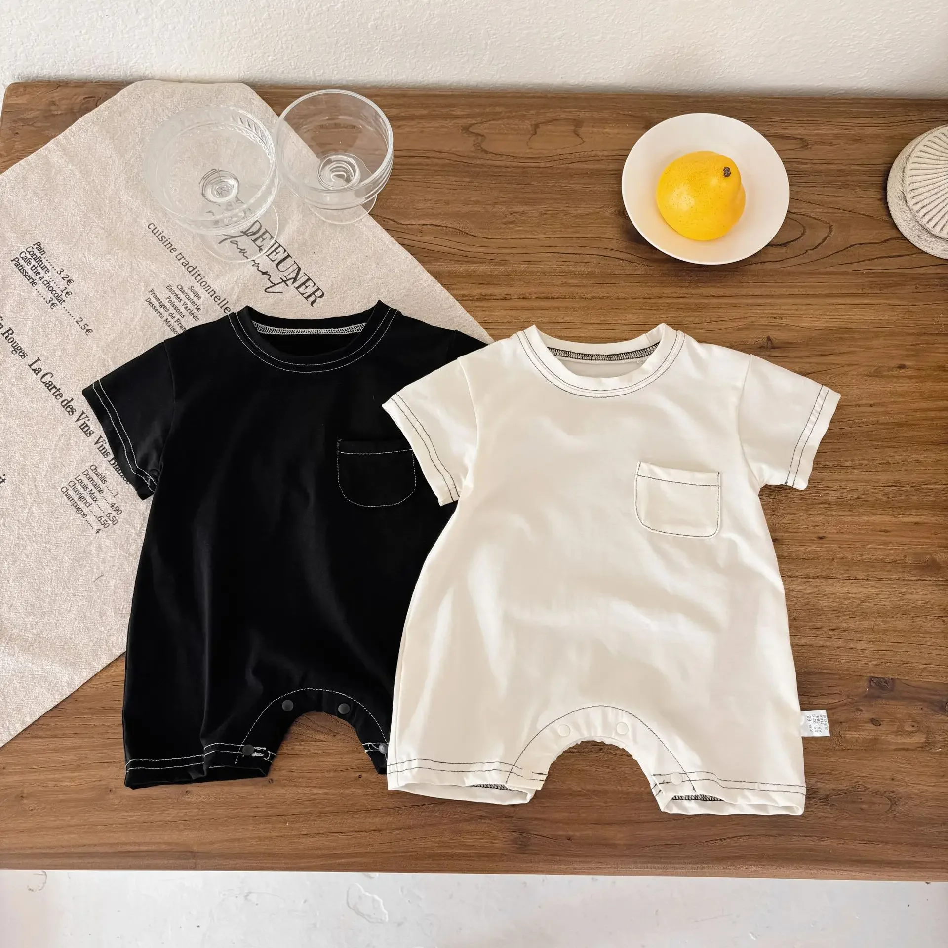 

Summer Thin Infant Short - Sleeve Cotton Romper Korean style Simple & Casual Pocket Onesie for 0 - 2 Years Old Baby Boys