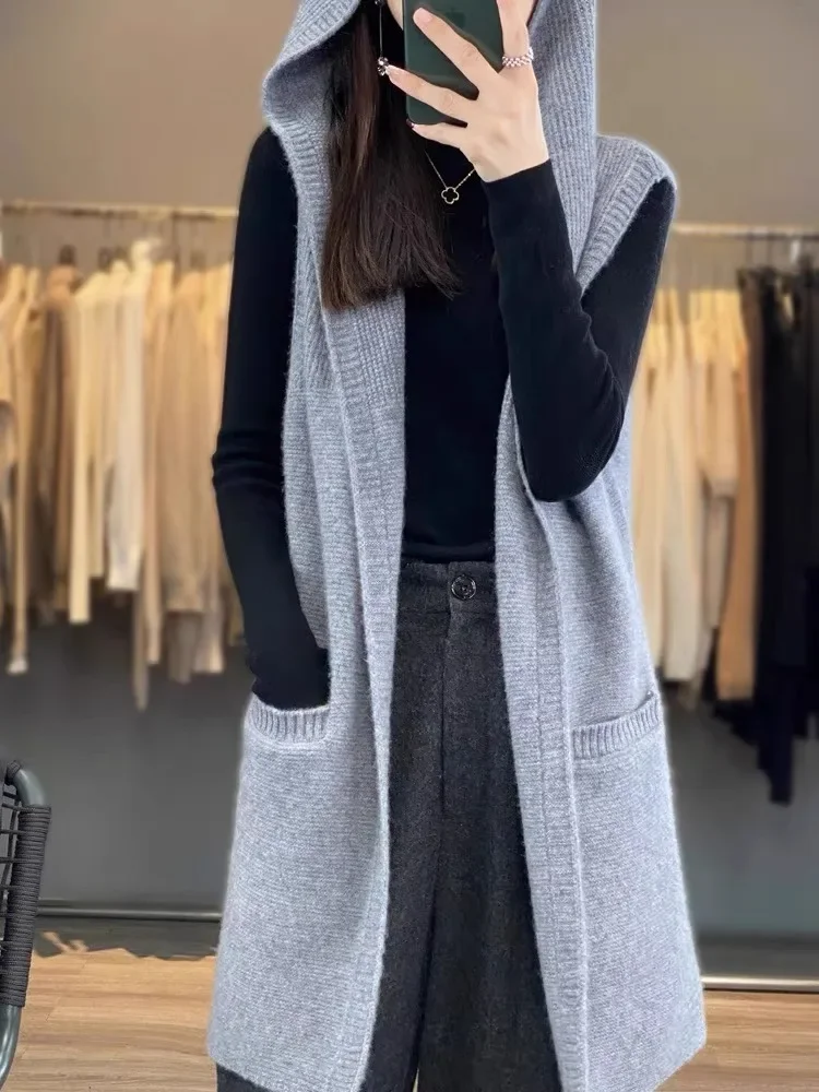

Women's Mid-Length Sleeveless Knitted Cardigan Coat with Pocket Ladies' Fashion Autumn Winter New Hat Knitted Woolen Vest