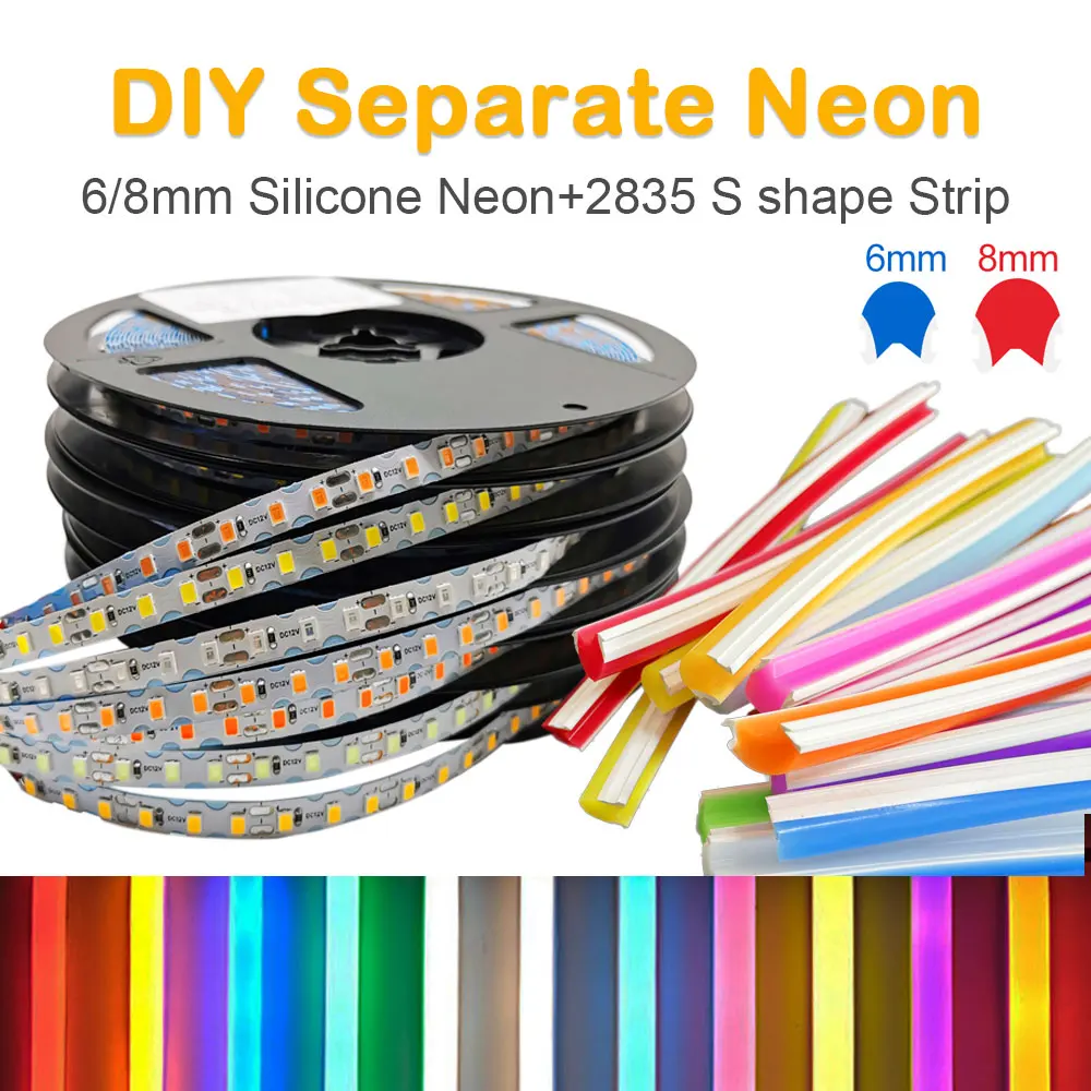 6mm 8mm Separate Silicone Neon with DC12V SMD2835 120Led/m S Shape LED Strip Light Waterproof Flexible Silicon Tube Bar DIY Sign