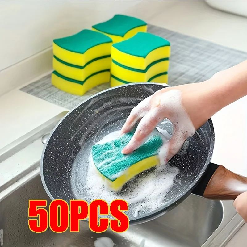 50p-2cs Scouring Pad Double Sided Scrub Bowl Pot Cleaning Sponge Dish Washing Kitchen Tools Home Clean Supplies