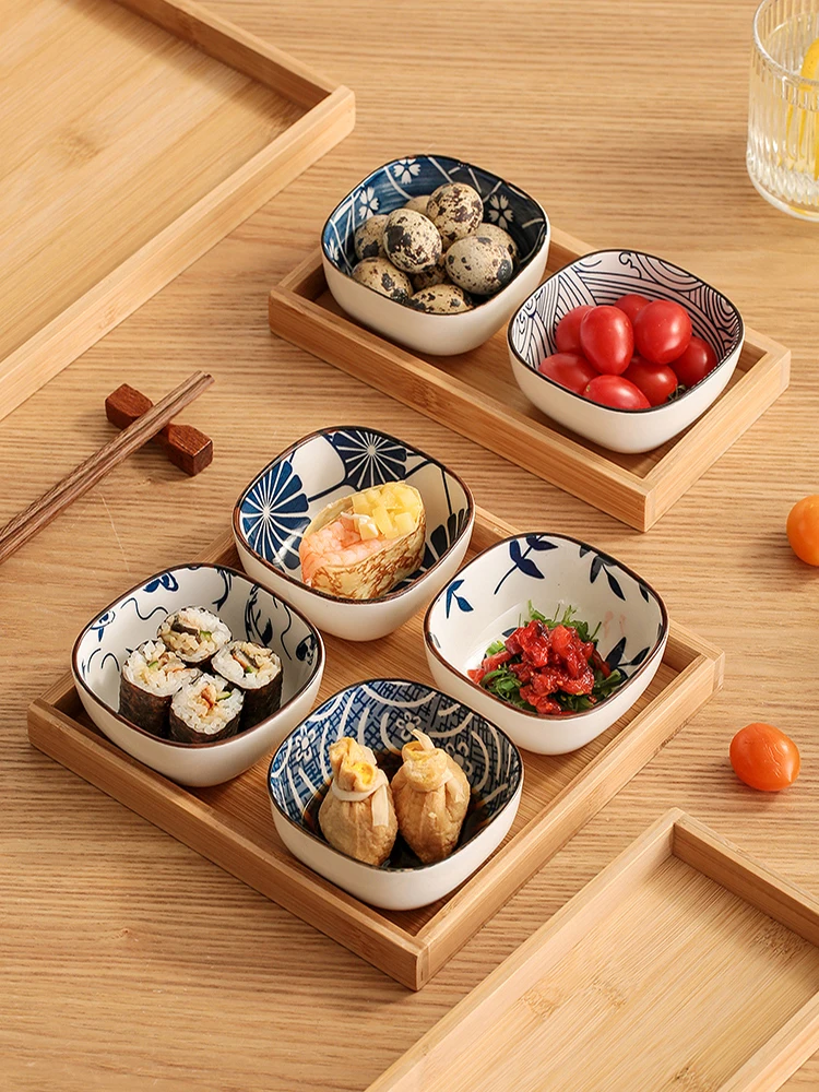 Japanese Style Tableware Set Square Underglaze Printed Dish Plate Snack Hot Pot Dip Sushi Fruit Rice Versatile Bowl + Wood Tray