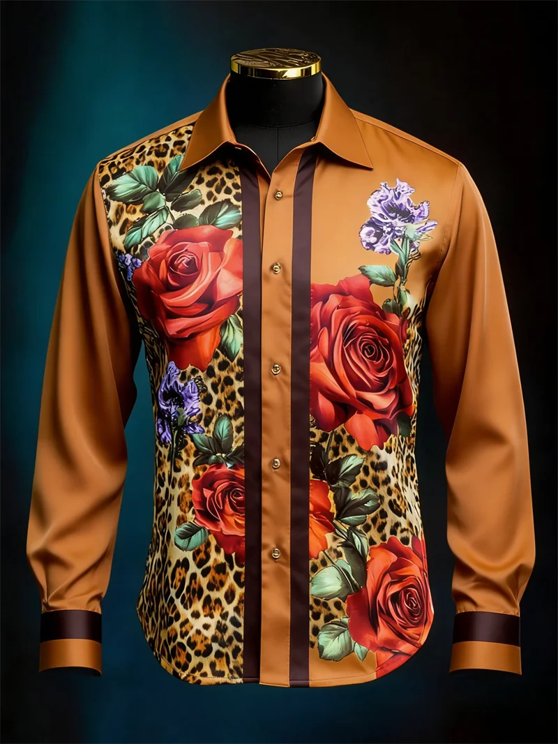 Men Button‑up Long Sleeve Shirt Luxe Rose‑blossom Leopard‑art Motif Turn‑down Collar Leisure Theme‑party Gathering Travel Outfit