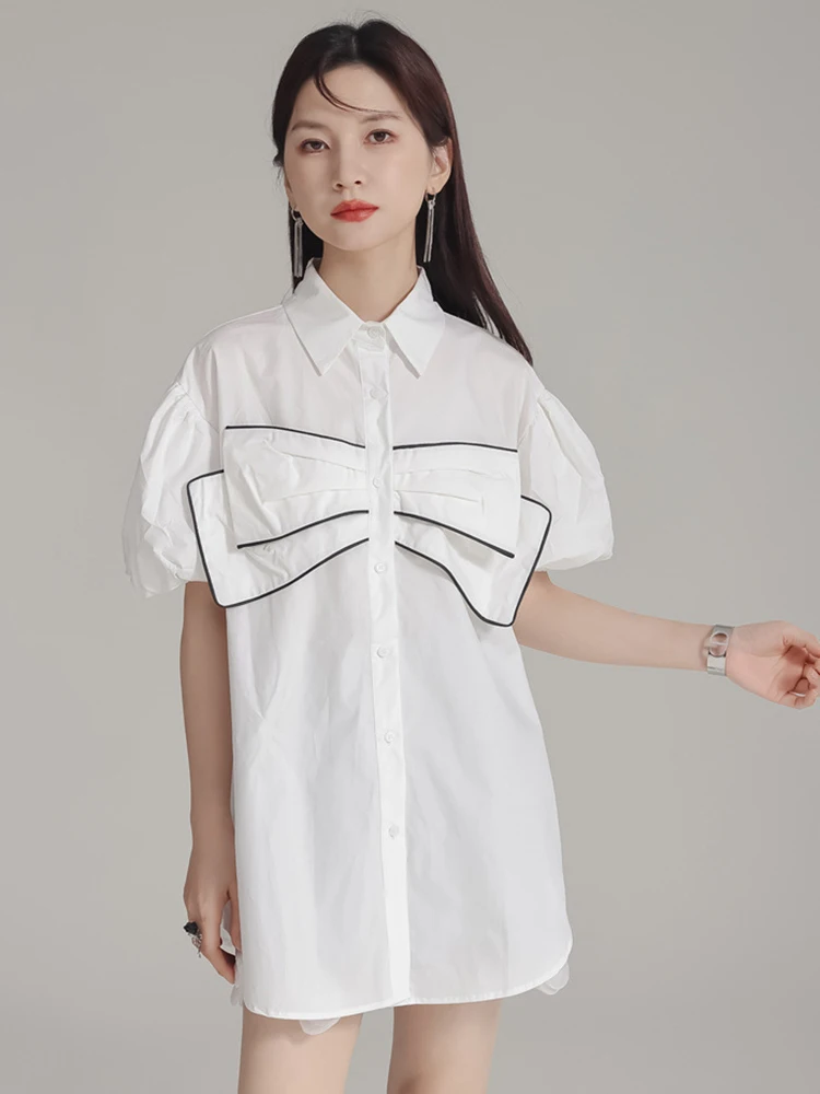 [EAM] Women White Big Bow Big Size Elegant Blouse New Lapel Short  Puff Sleeve Shirt Fashion Tide Spring Summer 2024 1DH5708