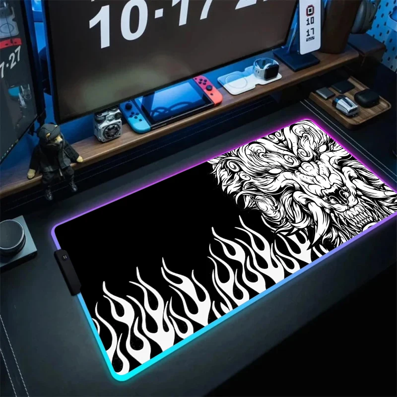 Chinese Style Dragon Game RGB Mouse Pad Large Gamer Led Computer Mousepad Black and White Tiger Head Mouse Mat Backlight Carpet