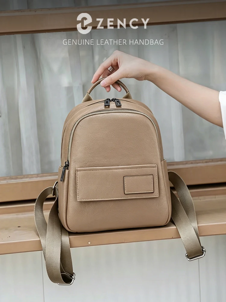 Zency Genuine Leather Women's Fashion Backpack High Quality Travel Satchel Daily Rucksack Multi-functional Pockets Lightweight