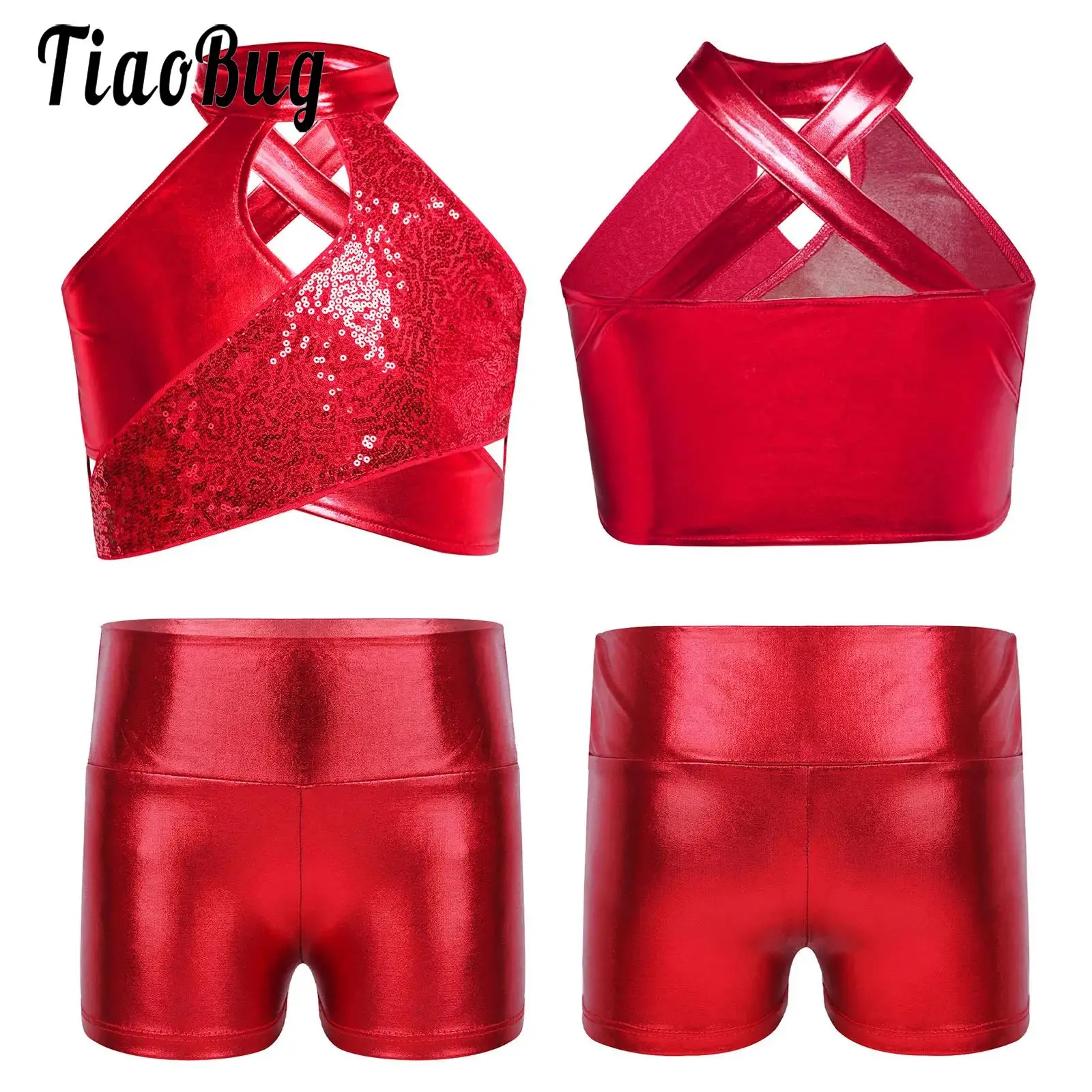 Kids Girls Metallic Jazz Dance Outfit Cross Keyhole Sparkly Sequins Crop Top with Shorts Samba Modern Dance Performance Costumes