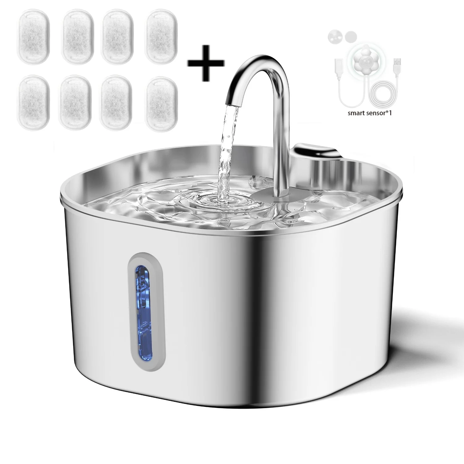 Roestvrijstalen kattenwaterfontein, 2,2 liter, waterdispenser voor huisdieren met filter, hondendrinkfontein voor katten, ultrastille waterpomp - afbeelding 1