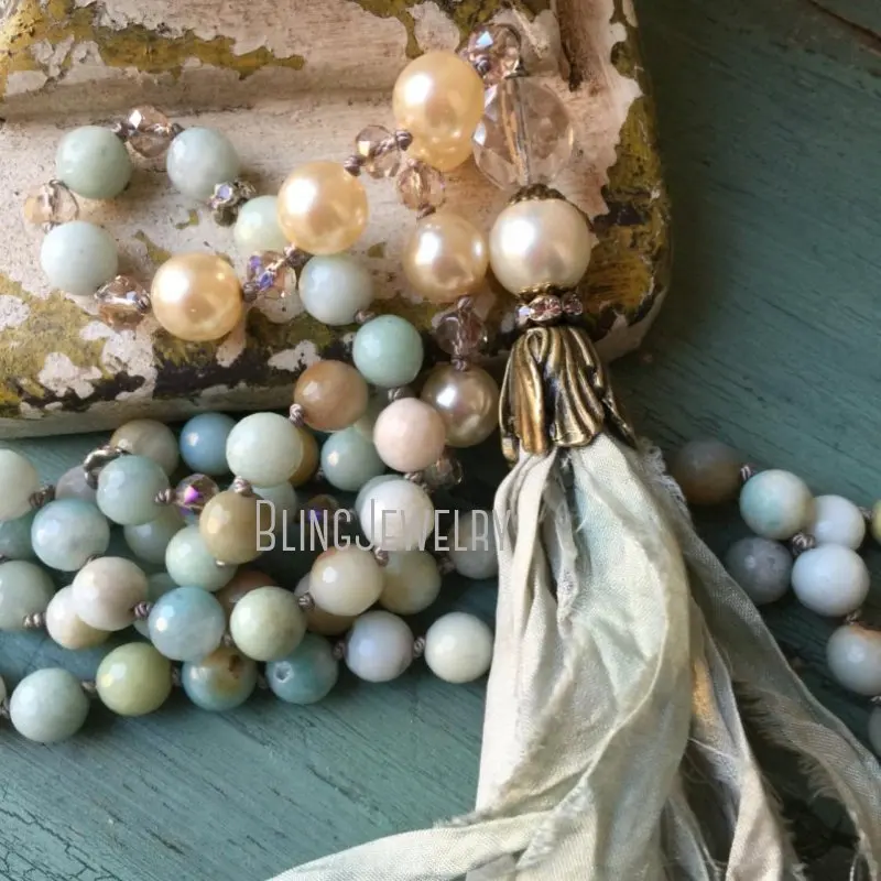 

NM18292 Shabby BoHo Knoting Amazonite Pearl Bead Necklace For Women with Aqua Blue Sari Silk Tassel Boho Jewelry