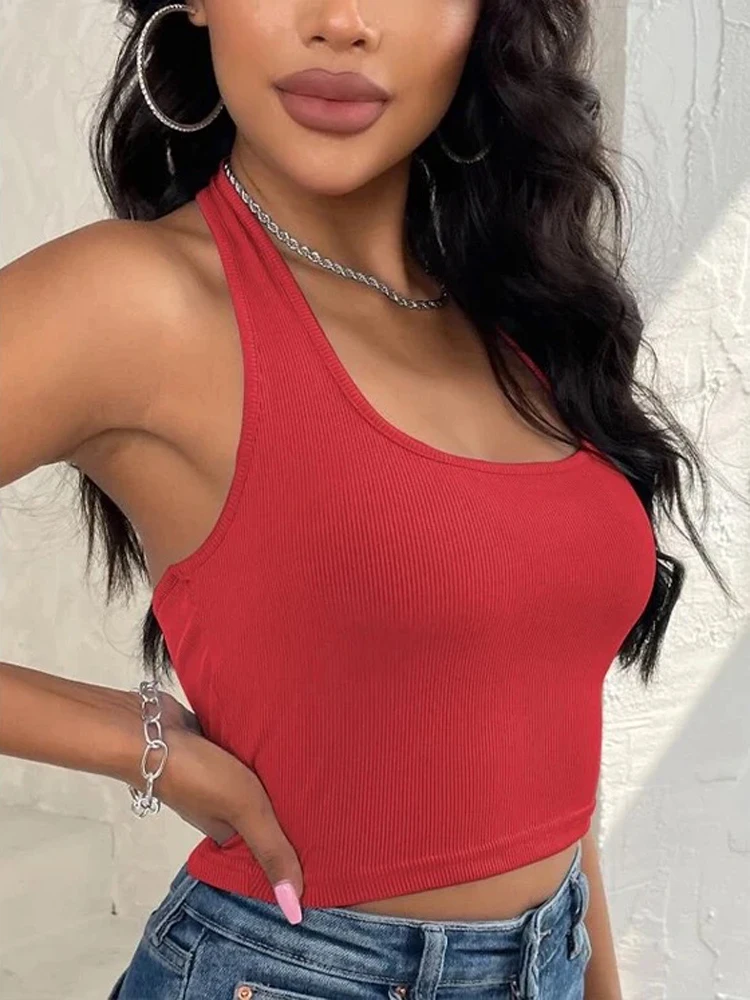 Women\'s Sleeveless Vest Ribbed Knit Top Halter Neck Summer Basic Red Casual Sports Vest Off Shoulder Ladies Vest Casual Sexy