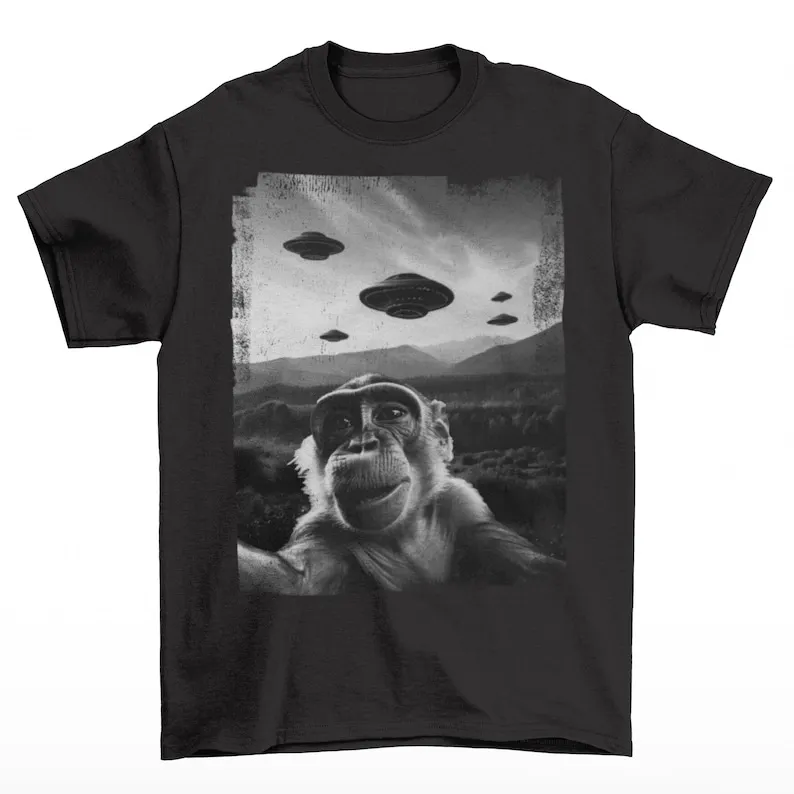 Funny Monkey Selfie With UFO's T-Shirt