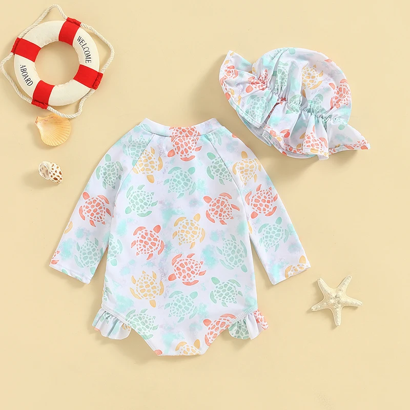 Toddler Girls Swimming Clothes Beach Swimwear Long Sleeve Seahorse/Turtle Print Romper Bathing Suit with Hat 2 Pieces Set