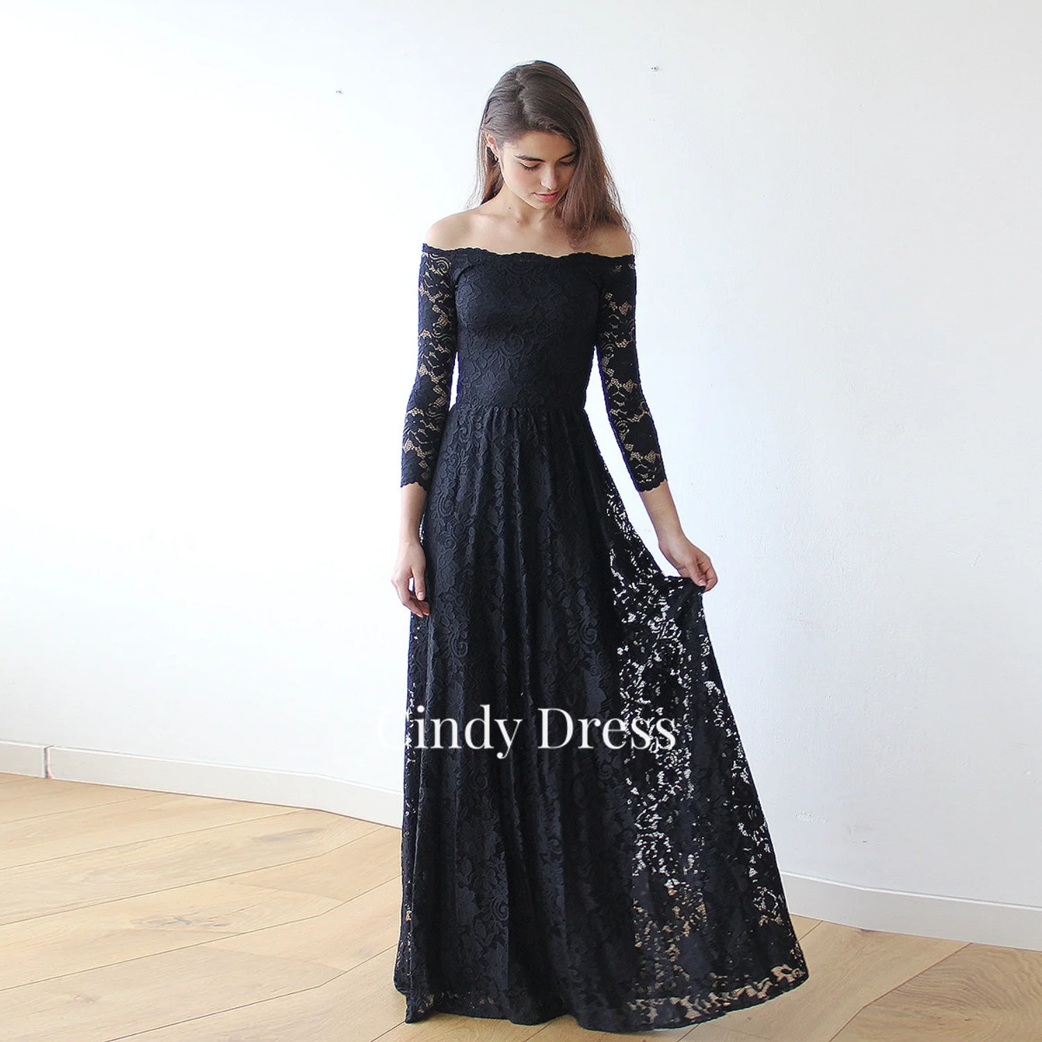 

Cindy Black Lace Long Sleeve Mermaid Elegant Prom Dress 2023 Luxury Evening Formal Dresses Gala Saudi Women Womens Woman Party