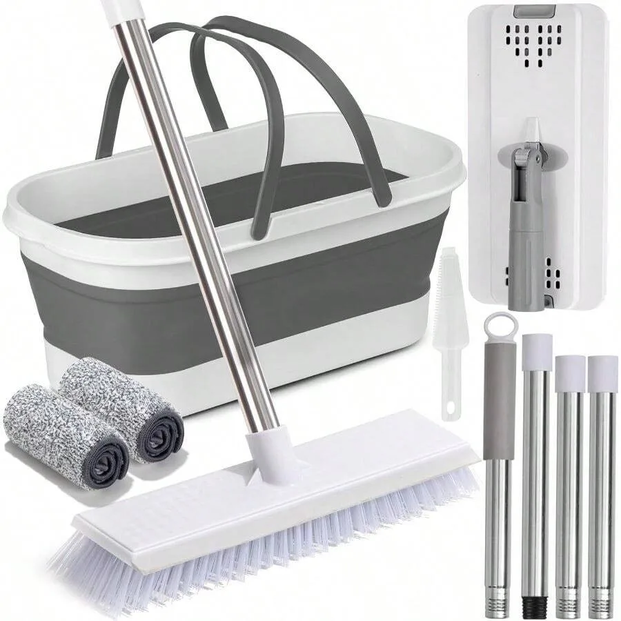 

Flat Mop And Bucket Set With Heavy Duty Scrub Brush, 2 Washable Reusable Microfiber Pads, Tile Hardwood, Wall Cleaning, Home In
